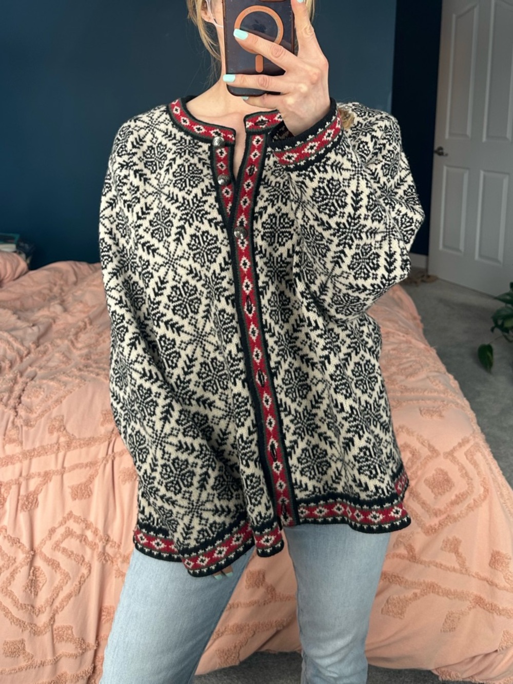 L.L. Bean Black and Cream Nordic Cardigan with Red Trim